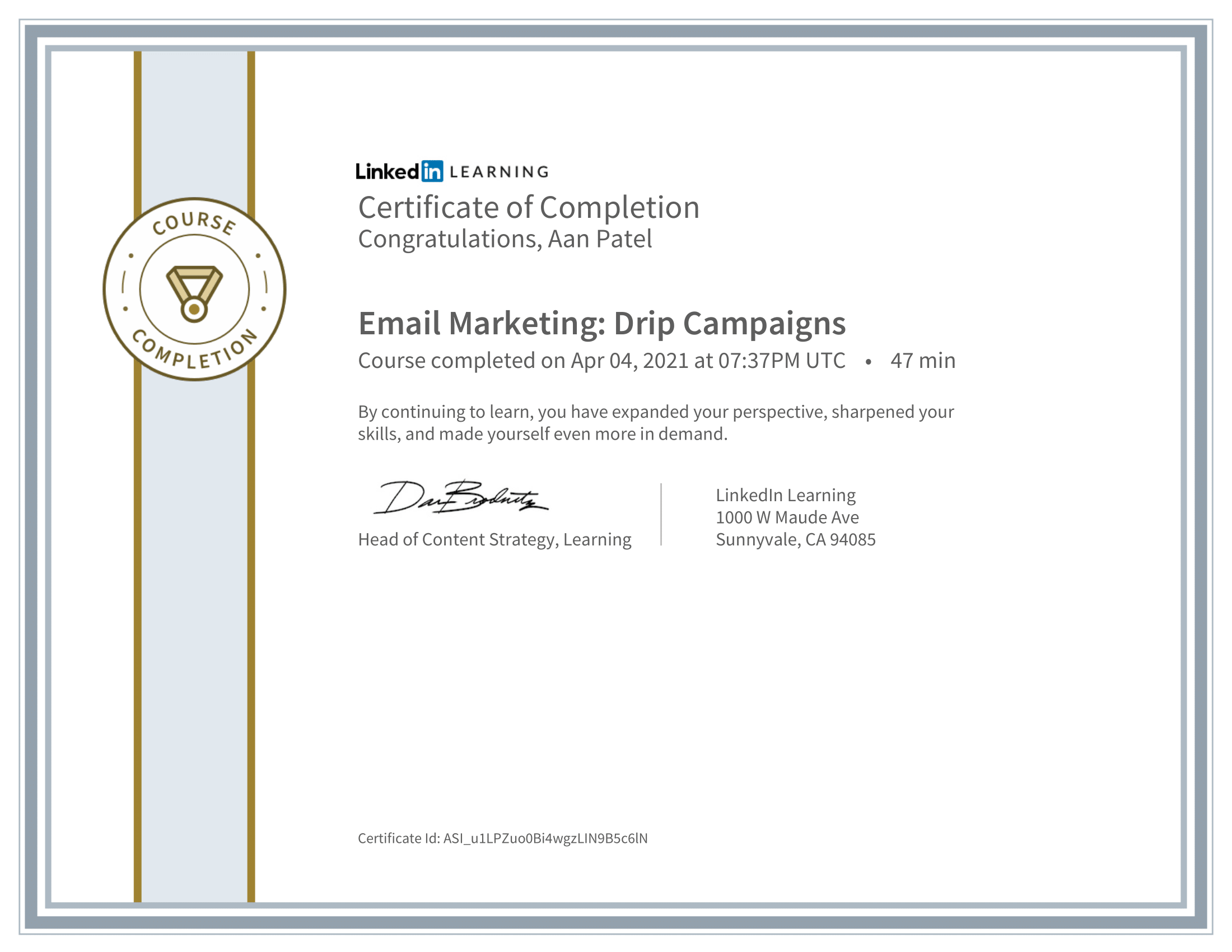 A LinkedIn Learning certificate